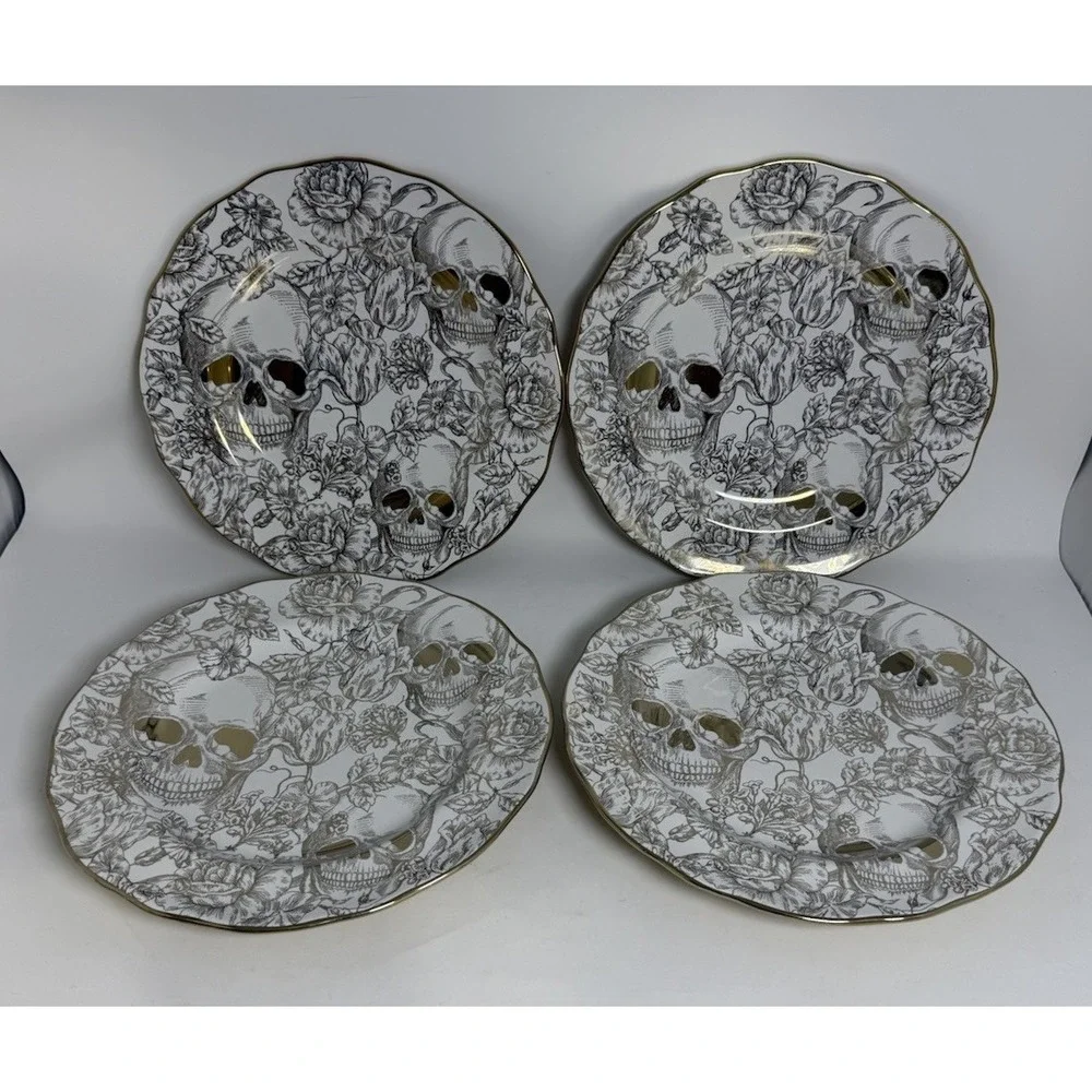 222 Fifth Salem E-Gold Skull Halloween Dinner Plates Set of 4 11in New
